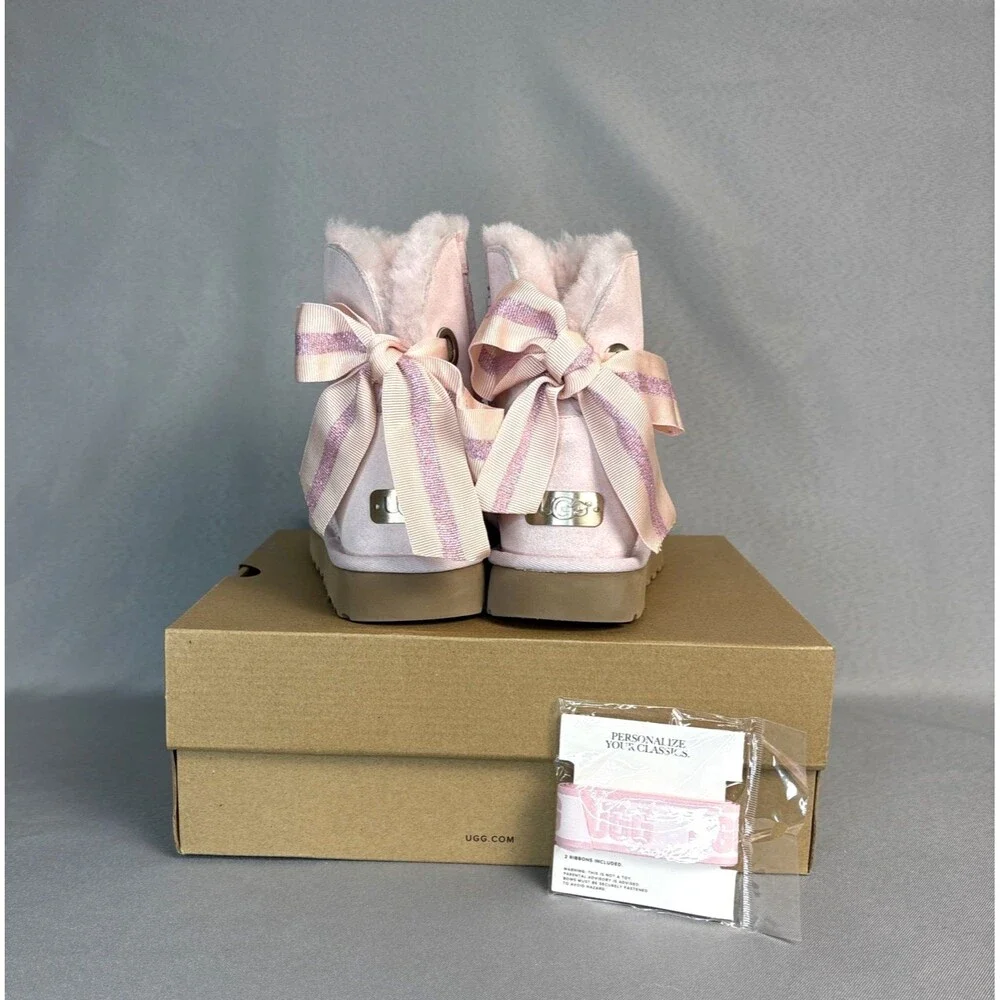 Womens UGG Boots Sz 7 Bailey Bow Customizable Pink Suede Festival Coquette Rare - Picture 9 of 13